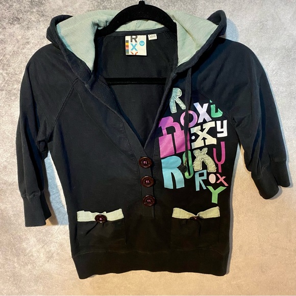 Roxy Soft Sweatshirt Hooded Henley Juniors Women Size Small Black - Picture 2 of 10